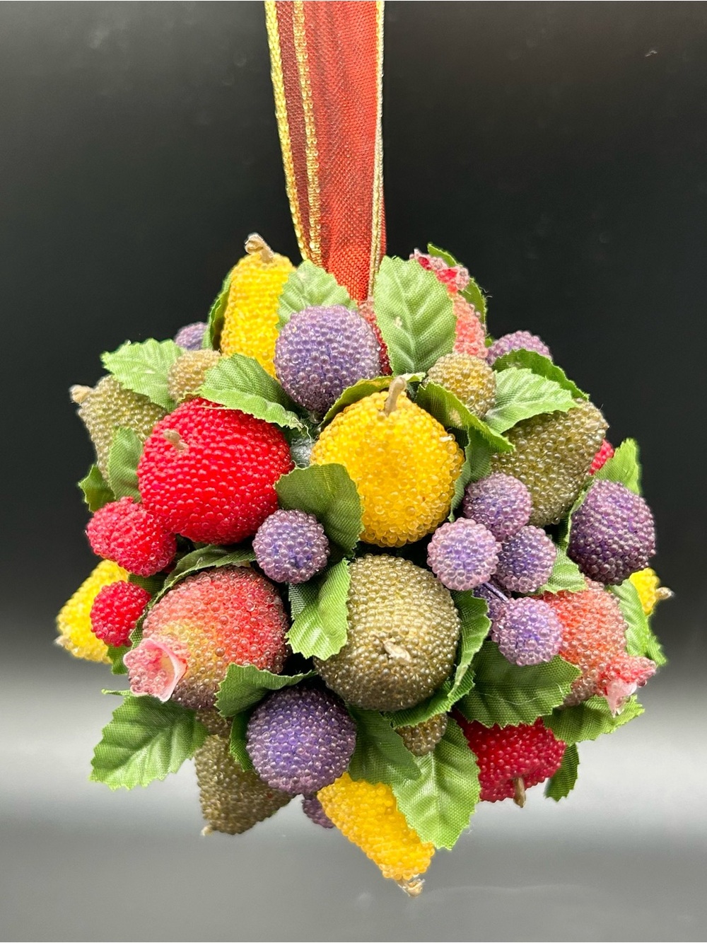 Vintage Beaded Fruit Ball Ornament Faux Sugar Fruit Kissing Ball Hanging Decor